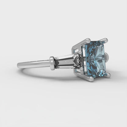 1.5 cttw Zirconia Simulated Blue Diamond Three-Stone Engagement Ring - Solid White Gold (VVS1, Emerald Cut,7.0x5.0mm)