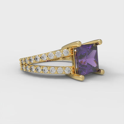 2.48 cttw Natural Amethyst Solitaire with Zirconia Simulated Diamond Accents Engagement Ring - Solid Gold (Princess Cut,7.0mm)