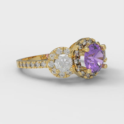 1.46 cttw Simulated Alexandrite Three-Stone Engagement Ring - Solid Yellow Gold (VVS1, Round Cut,6.0mm)