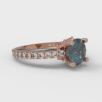 1.465 cttw Natural London Blue Topaz Solitaire with Zirconia Simulated Diamond Accents Engagement Ring - Solid Gold (Round Cut,6.5mm)