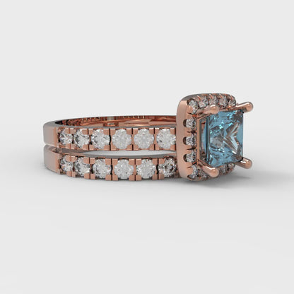 1.56 cttw Princess Cut Natural Aquamarine Bridal Set - Solid Rose Gold Engagement Ring & Wedding Band