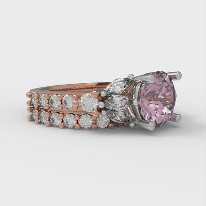 2.94 cttw Round Cut Simulated Pink Diamond Bridal Set - Solid Rose/White Gold Engagement Ring & Wedding Band