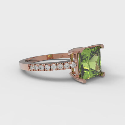 1.62 cttw Natural Peridot Solitaire with Zirconia Simulated Diamond Accents Engagement Ring - Solid Gold (Princess Cut,6.5mm)