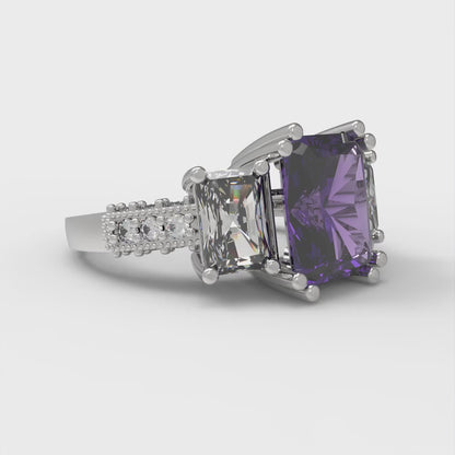 4.27 cttw Natural Amethyst Three-Stone Engagement Ring - Solid Gold (Emerald Cut,9x7mm)