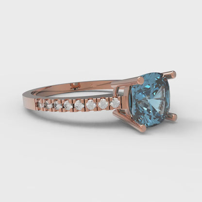 2.7 cttw Zirconia Simulated Blue Diamond Solitaire with Zirconia Simulated Diamond Accents Engagement Ring - Solid Gold (VVS1, Cushion Cut,6.5mm)