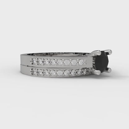 0.86 cttw Round Cut Natural Onyx Bridal Set - Solid White Gold Engagement Ring & Wedding Band