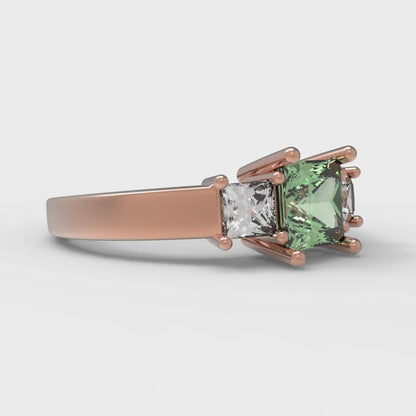 1.11 cttw Zirconia Simulated Green Diamond Three-Stone Engagement Ring - Solid Rose Gold (VVS1, Princess Cut,5.0mm)