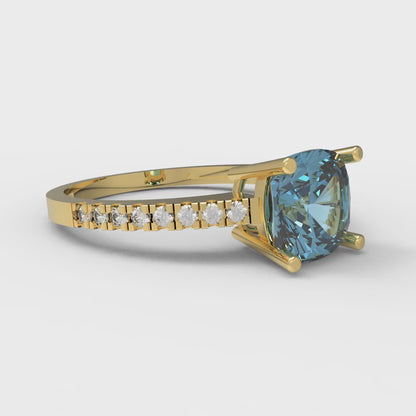 2.7 cttw Zirconia Simulated Blue Diamond Solitaire with Zirconia Simulated Diamond Accents Engagement Ring - Solid Gold (VVS1, Cushion Cut,6.5mm)