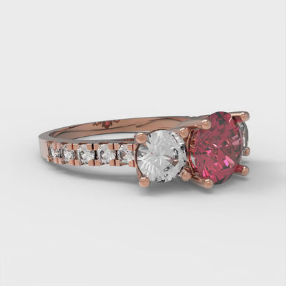 1.97 cttw Simulated Pink Tourmaline Three-Stone Engagement Ring - Solid Gold (Round Cut,6.5mm)
