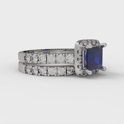 1.56 cttw Princess Cut Simulated Blue Sapphire Bridal Set - Solid White Gold Engagement Ring & Wedding Band