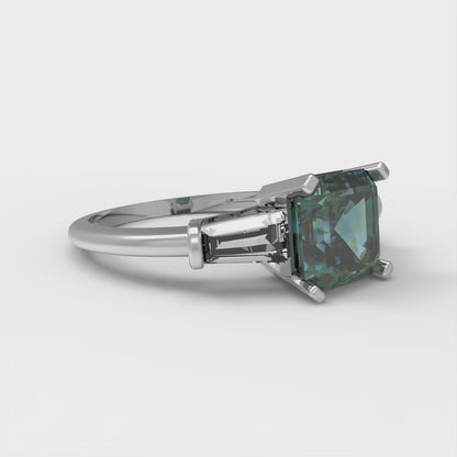 1.62 cttw Blue Moissanite Three-Stone Engagement Ring - Solid Gold (Square Emerald Cut,6.5X6.5mm)