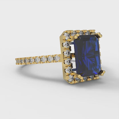 1.86 cttw Simulated Blue Sapphire Solitaire with Zirconia Simulated Diamond Accents Engagement Ring - Solid Gold (Emerald Cut,7.5x5.5mm)