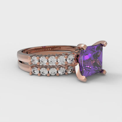 2.63 cttw Princess Cut Simulated Alexandrite Bridal Set - Solid Rose Gold Engagement Ring & Wedding Band