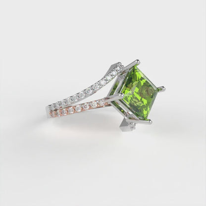 2.3075 cttw Natural Peridot Solitaire with Zirconia Simulated Diamond Accents Engagement Ring - Solid White/Rose Gold (VVS1, Princess Cut,7.0mm)
