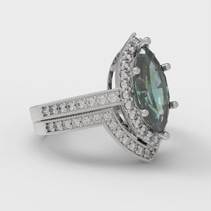 2.4875 cttw Marquise Cut Blue Moissanite Bridal Set - Solid White Gold Engagement Ring & Wedding Band