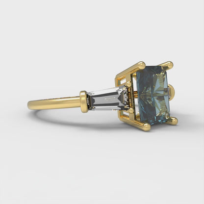 1.5 cttw Natural London Blue Topaz Three-Stone Engagement Ring - Solid Gold (Emerald Cut,7.0x5.0mm)