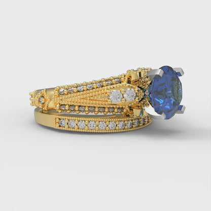 2.095 cttw Round Cut Simulated Tanzanite Bridal Set - Solid Yellow/White Gold Engagement Ring & Wedding Band