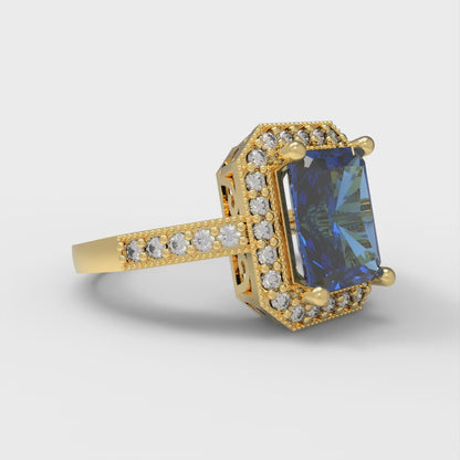 2.78 cttw Simulated Tanzanite Hidden Halo Engagement Ring - Solid Gold (Emerald Cut,8.5x6.5mm)