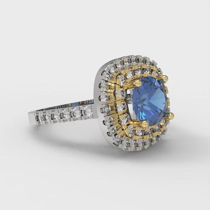 1.615 cttw Simulated Tanzanite Hidden Halo Engagement Ring - Solid White/Yellow Gold (VVS1, Round Cut,6.5mm)