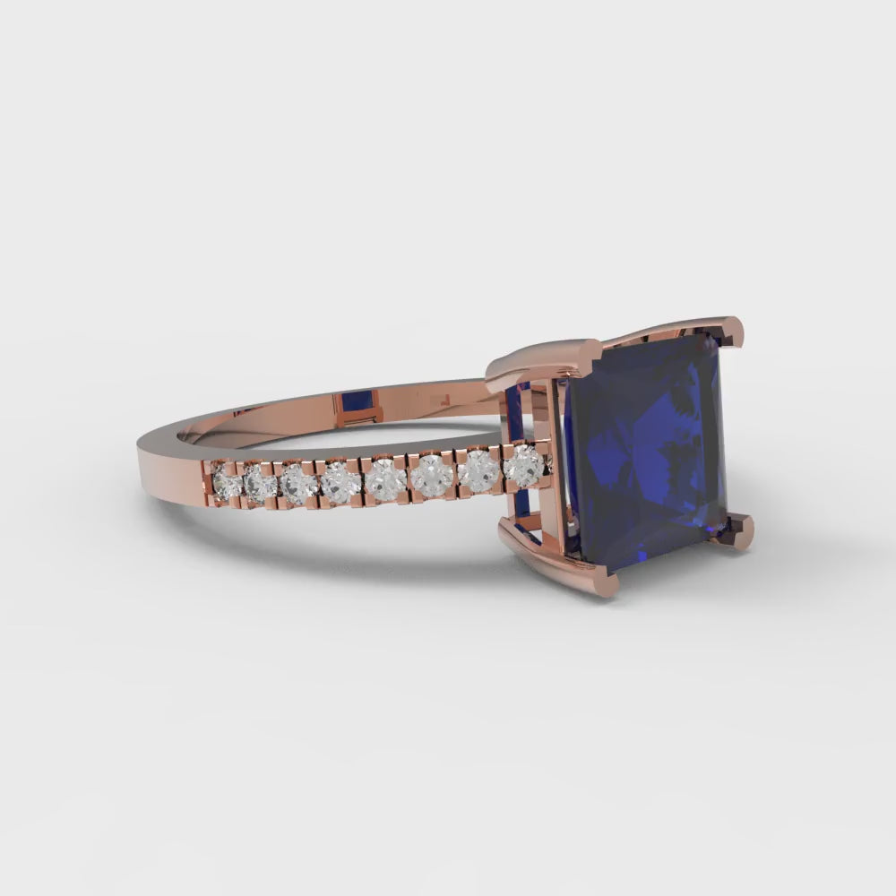 1.62 cttw Simulated Blue Sapphire Solitaire with Zirconia Simulated Diamond Accents Engagement Ring - Solid Gold (Princess Cut,6.5mm)