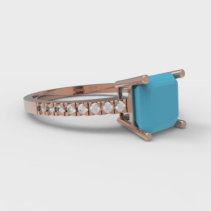 2.7 cttw Simulated Turquoise Solitaire with Zirconia Simulated Diamond Accents Engagement Ring - Solid Gold (Asscher Cut,6.5mm)