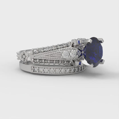 2.095 cttw Round Cut Simulated Blue Sapphire Bridal Set - Solid White Gold Engagement Ring & Wedding Band