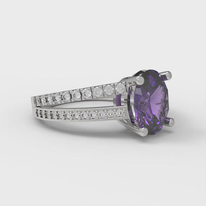 2.32 cttw Natural Amethyst Solitaire with Zirconia Simulated Diamond Accents Engagement Ring - Solid White Gold (VVS1, Oval Cut,9X7mm)
