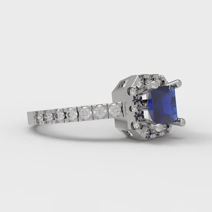 0.89 cttw Simulated Blue Sapphire Hidden Halo Engagement Ring - Solid Gold (Princess Cut,4.5mm)