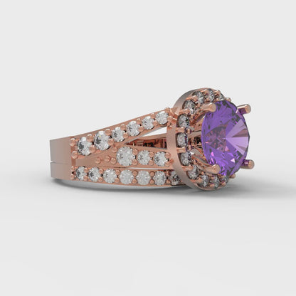 2.32 cttw Round Cut Simulated Alexandrite Bridal Set - Solid Rose Gold Engagement Ring & Wedding Band