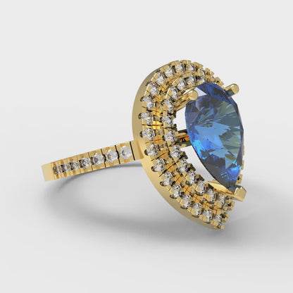 2.48 cttw Simulated Tanzanite Hidden Halo Engagement Ring - Solid Yellow Gold (VVS1, Pear Cut,10X7mm )