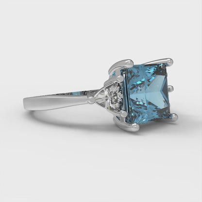 2.32 cttw Zirconia Simulated Blue Diamond Three-Stone Engagement Ring - Solid White Gold (VVS1, Princess Cut,7.0mm)