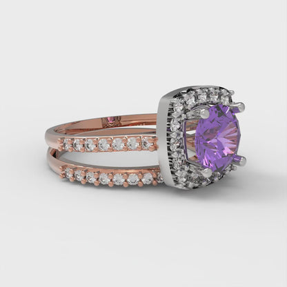 1.495 cttw Round Cut Simulated Alexandrite Bridal Set - Solid Rose/White Gold Engagement Ring & Wedding Band