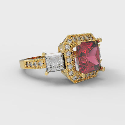 3.005 cttw Simulated Ruby Three-Stone Engagement Ring - Solid Yellow Gold (VVS1, Princess Cut,7.0mm)
