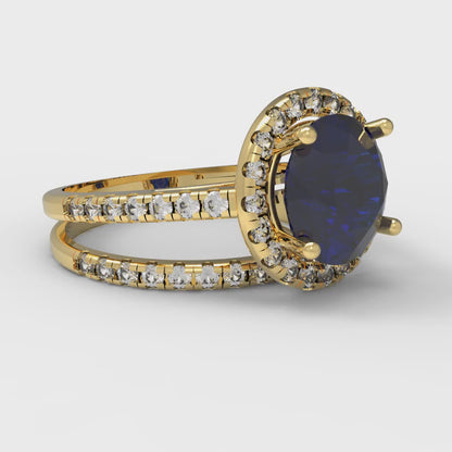 2.52 cttw Round Cut Simulated Blue Sapphire Bridal Set - Solid Yellow Gold Engagement Ring & Wedding Band