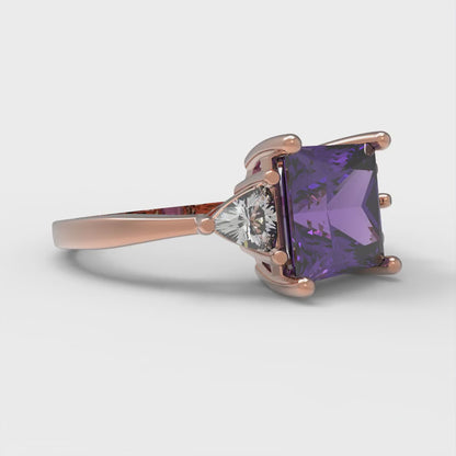 2.32 cttw Natural Amethyst Three-Stone Engagement Ring - Solid Rose Gold (VVS1, Princess Cut,7.0mm)