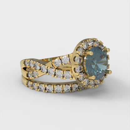 1.795 cttw Round Cut Natural London Blue Topaz Bridal Set - Solid Yellow Gold Engagement Ring & Wedding Band