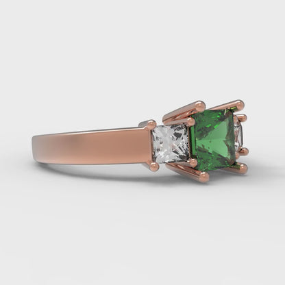 1.11 cttw Simulated Emerald Three-Stone Engagement Ring - Solid Rose Gold (VVS1, Princess Cut,5.0mm)