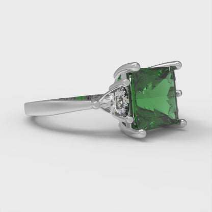 2.32 cttw Simulated Emerald Three-Stone Engagement Ring - Solid White Gold (VVS1, Princess Cut,7.0mm)