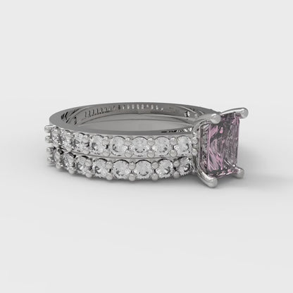 1.325 cttw Emerald Cut Simulated Pink Diamond Bridal Set - Solid White Gold Engagement Ring & Wedding Band