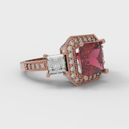 3.005 cttw Natural Garnet Three-Stone Engagement Ring - Solid Rose Gold (VVS1, Princess Cut,7.0mm)