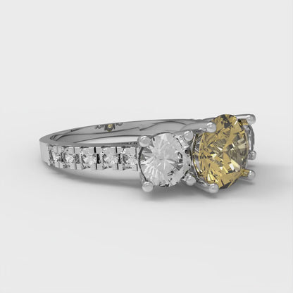 1.97 cttw Zirconia Simulated Yellow Diamond Three-Stone Engagement Ring - Solid Gold (VVS1, Round Cut,6.5mm)