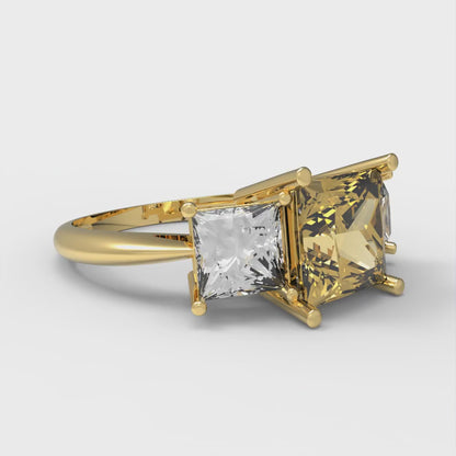 2.5 cttw Zirconia Simulated Yellow Diamond Three-Stone Engagement Ring - Solid Gold (VVS1, Princess Cut,6.5 mm)