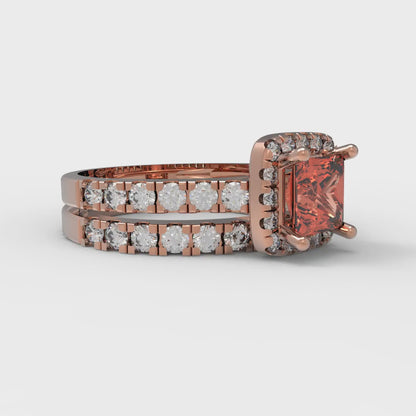1.56 cttw Princess Cut Simulated Red Diamond Bridal Set - Solid Rose Gold Engagement Ring & Wedding Band
