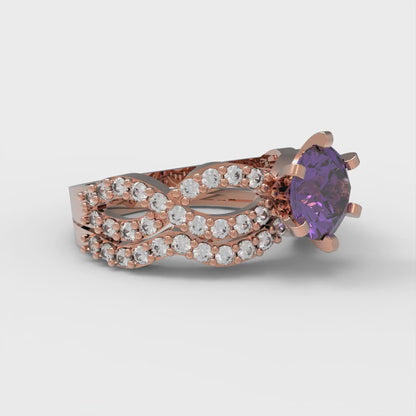1.57 cttw Round Cut Natural Amethyst Bridal Set - Solid Rose Gold Engagement Ring & Wedding Band
