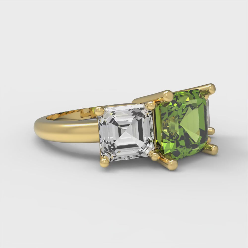 4 cttw Natural Peridot Three-Stone Engagement Ring - Solid Gold (Square Emerald Cut,7.0X7.0mm)