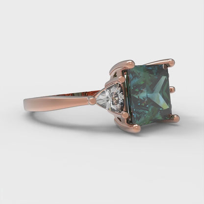 2.32 cttw Blue Moissanite Three-Stone Engagement Ring - Solid Rose Gold (VVS1, Princess Cut,7.0mm)