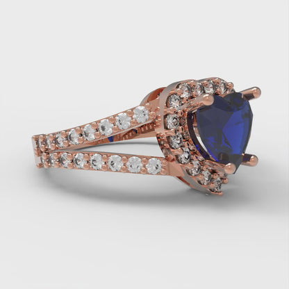 1.49 cttw Simulated Blue Sapphire Hidden Halo Engagement Ring - Solid Gold (Heart Cut,6.5mm)