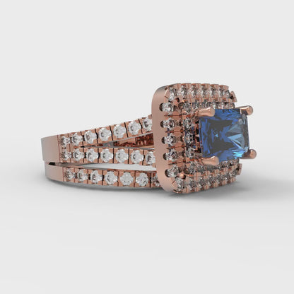 3.05 cttw Emerald Cut Simulated Tanzanite Bridal Set - Solid Rose Gold Engagement Ring & Wedding Band