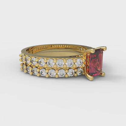 1.325 cttw Emerald Cut Natural Garnet Bridal Set - Solid Yellow Gold Engagement Ring & Wedding Band