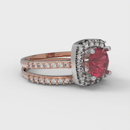 1.495 cttw Round Cut Natural Garnet Bridal Set - Solid Rose/White Gold Engagement Ring & Wedding Band
